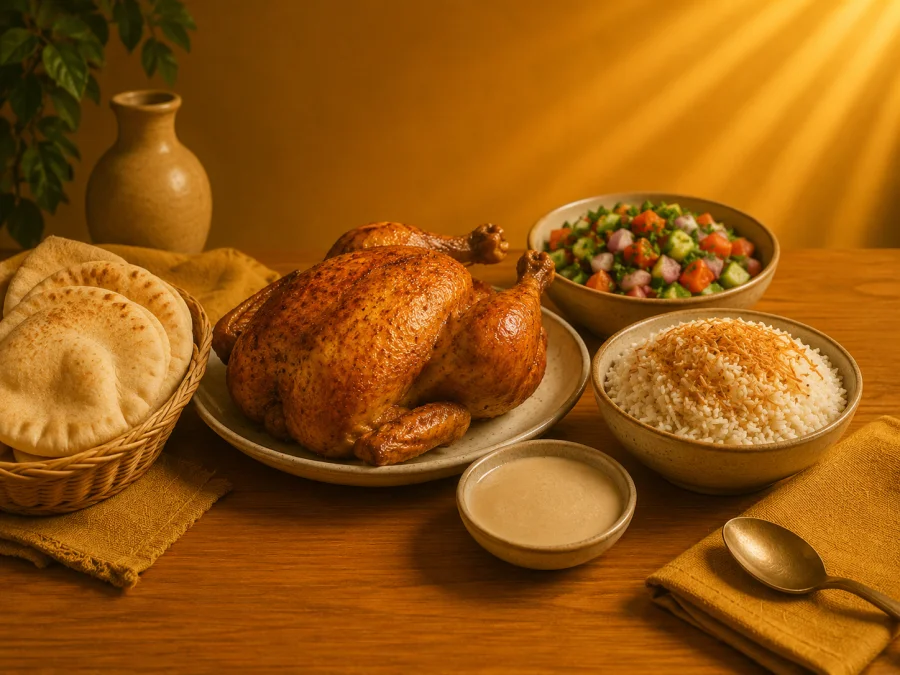 فرخة كاملة + سلطة + أرز + طحينة + عيش