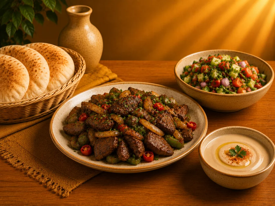 كبدة وسط + سلطة + طحينة + عيش