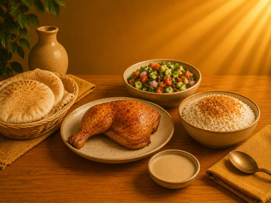 ربع فرخة ورك + سلطة + أرز + طحينة + عيش