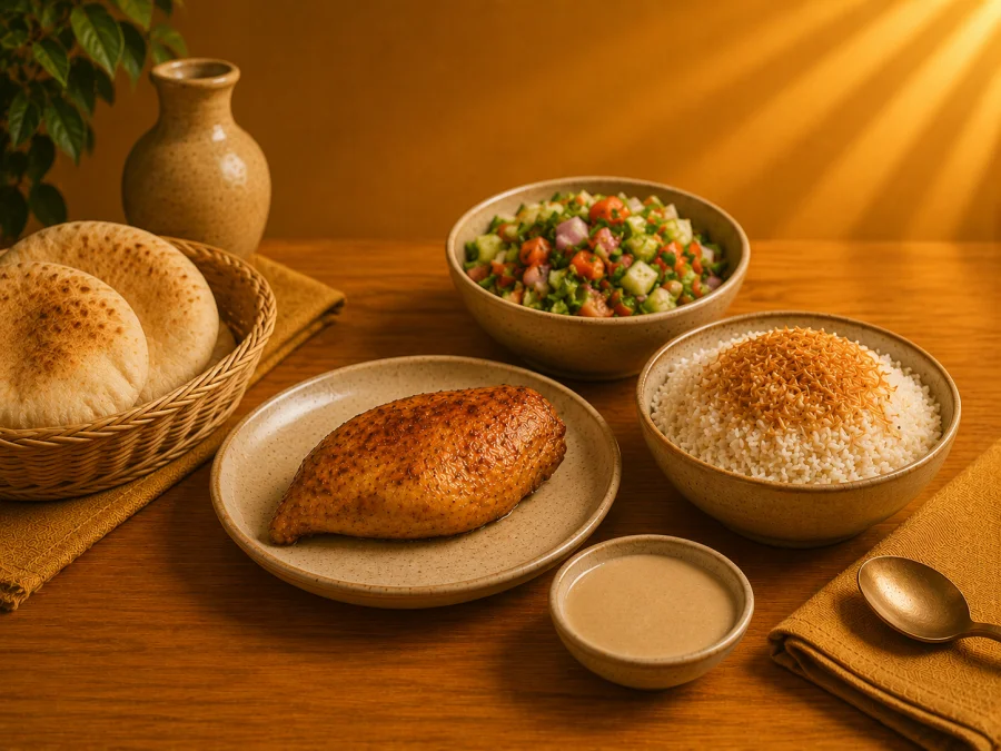 ربع فرخة صدور + سلطة + أرز + طحينة + عيش